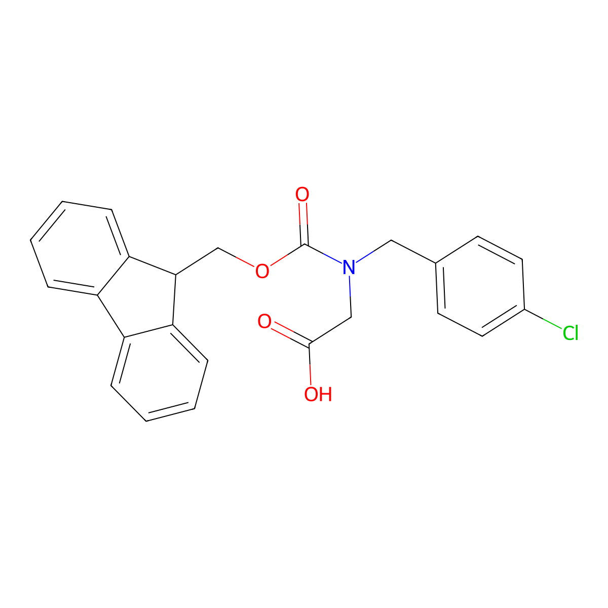 2-(((4-chlorophenyl)methyl)((((9H-fluoren-9-yl)methoxy)carbonyl))amino)acetic acid molecular structure, CAS 258332-42-2