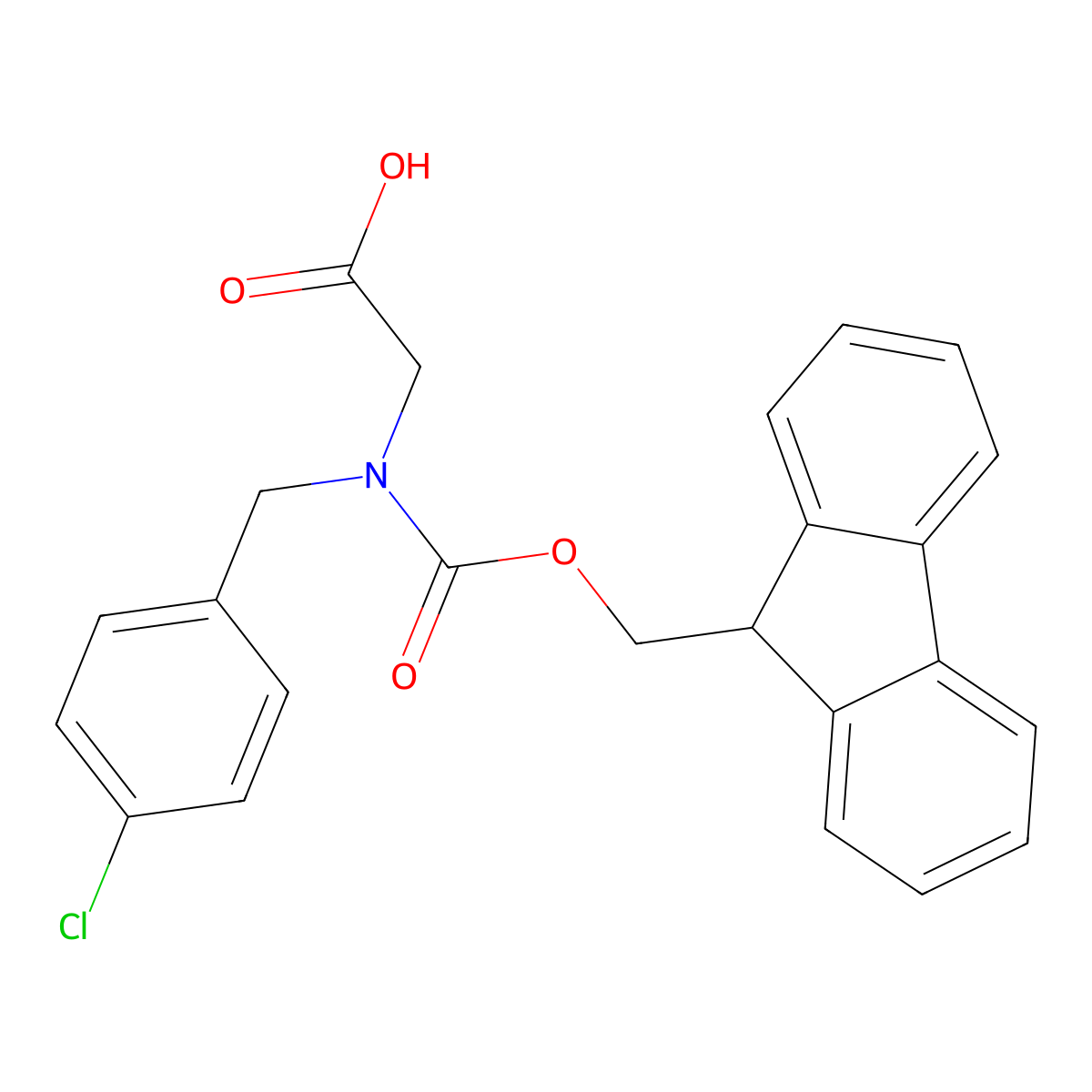 2-(((4-chlorophenyl)methyl)((((9H-fluoren-9-yl)methoxy)carbonyl))amino)acetic acid molecular structure, CAS 258332-42-2
