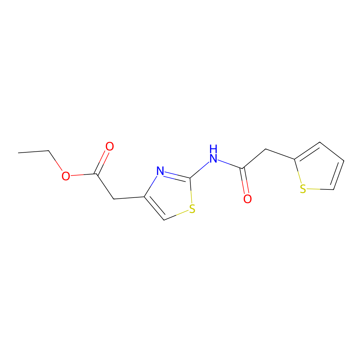 Ethyl 2-[2-[(2-thiophen-2-ylacetyl)amino]-1,3-thiazol-4-yl]acetate molecular structure, CAS 258338-45-3