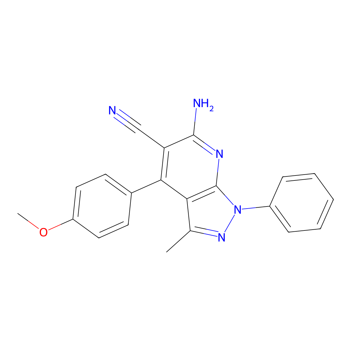 6-amino-4-(4-methoxyphenyl)-3-methyl-1-phenyl-1H-pyrazolo[3,4-b]pyridine-5-carbonitrile molecular structure, CAS 258340-66-8