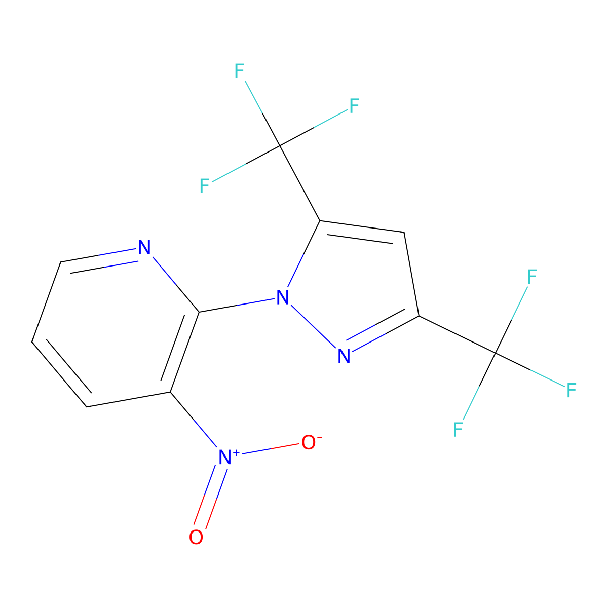 2-[3,5-bis(trifluoromethyl)-1H-pyrazol-1-yl]-3-nitropyridine molecular structure, CAS 258518-68-2