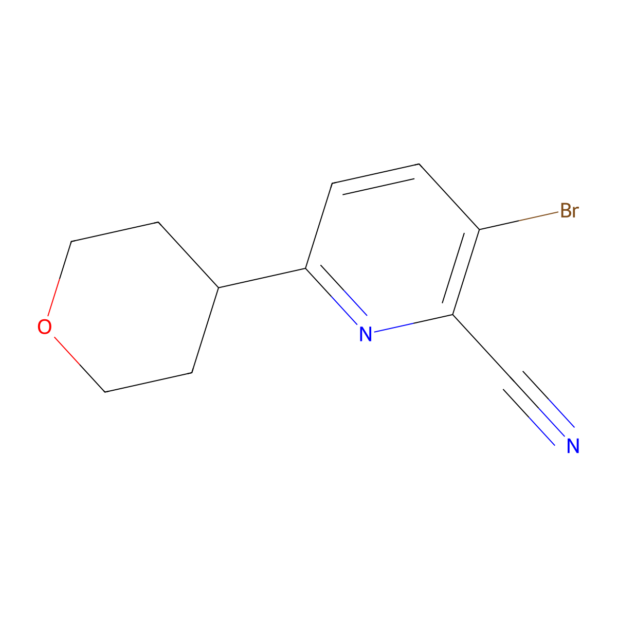 3-Bromo-6-(tetrahydro-2H-pyran-4-yl)picolinonitrile molecular structure, CAS 2585650-44-6