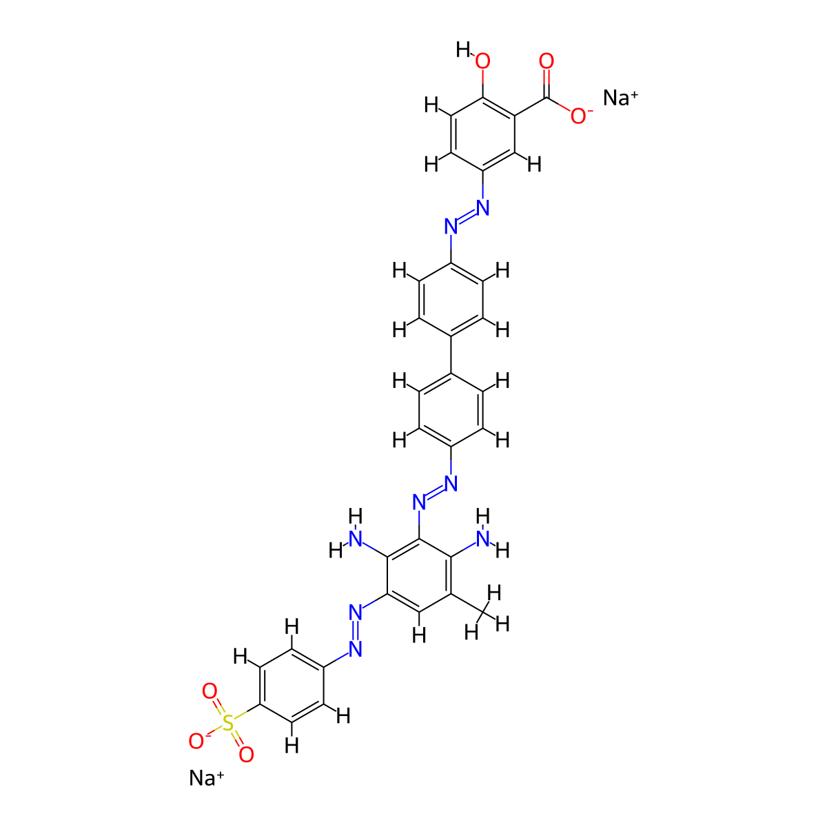 Benzoic acid, 5-(2-(4'-(2-(2,6-diamino-3-methyl-5-(2-(4-sulfophenyl)diazenyl)phenyl)diazenyl)(1,1'-biphenyl)-4-yl)diazenyl)-2-hydroxy-, sodium salt (1:2) molecular structure, CAS 2586-58-5