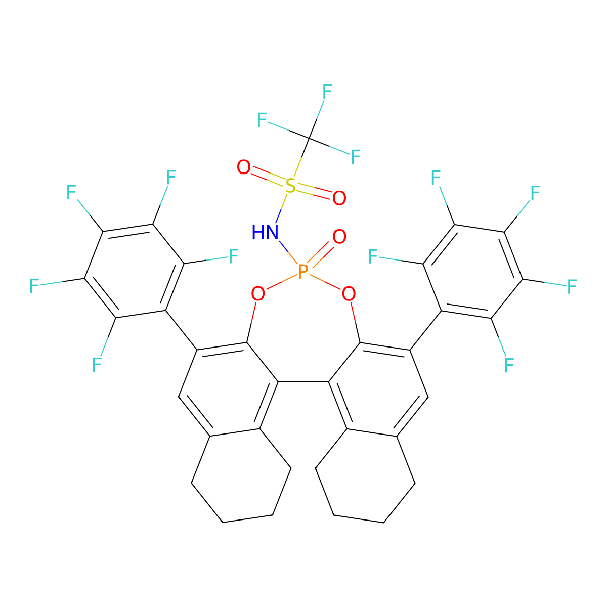 1,1,1-Trifluoro-N-((11bS)-4-oxido-2,6-bis(perfluorophenyl)-8,9,10,11,12,13,14,15-octahydrodinaphtho[2,1-d:1',2'-f][1,3,2]dioxaphosphepin-4-yl)methanesulfonamide molecular structure, CAS 2586125-70-2