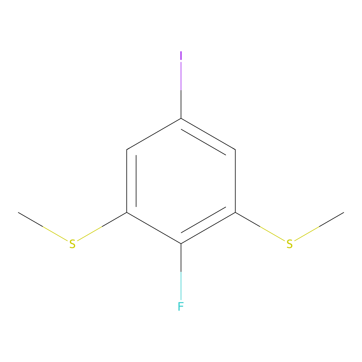 (2-Fluoro-5-iodo-1,3-phenylene)bis(methylsulfane) molecular structure, CAS 2586127-06-0