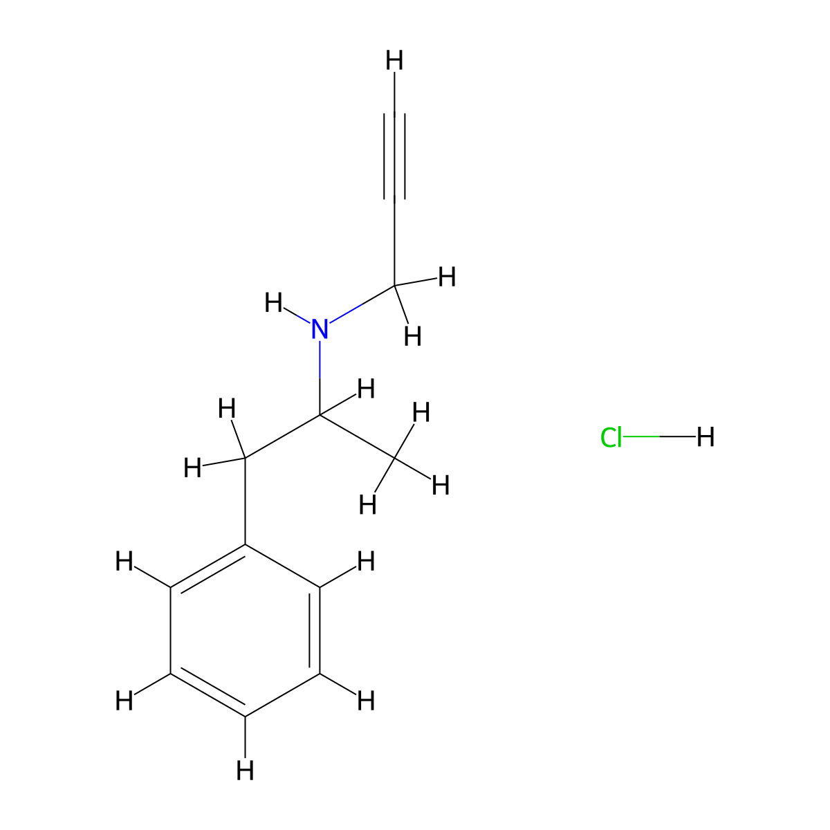 Phenethylamine, alpha-methyl-N-2-propynyl-, hydrochloride molecular structure, CAS 2588-96-7