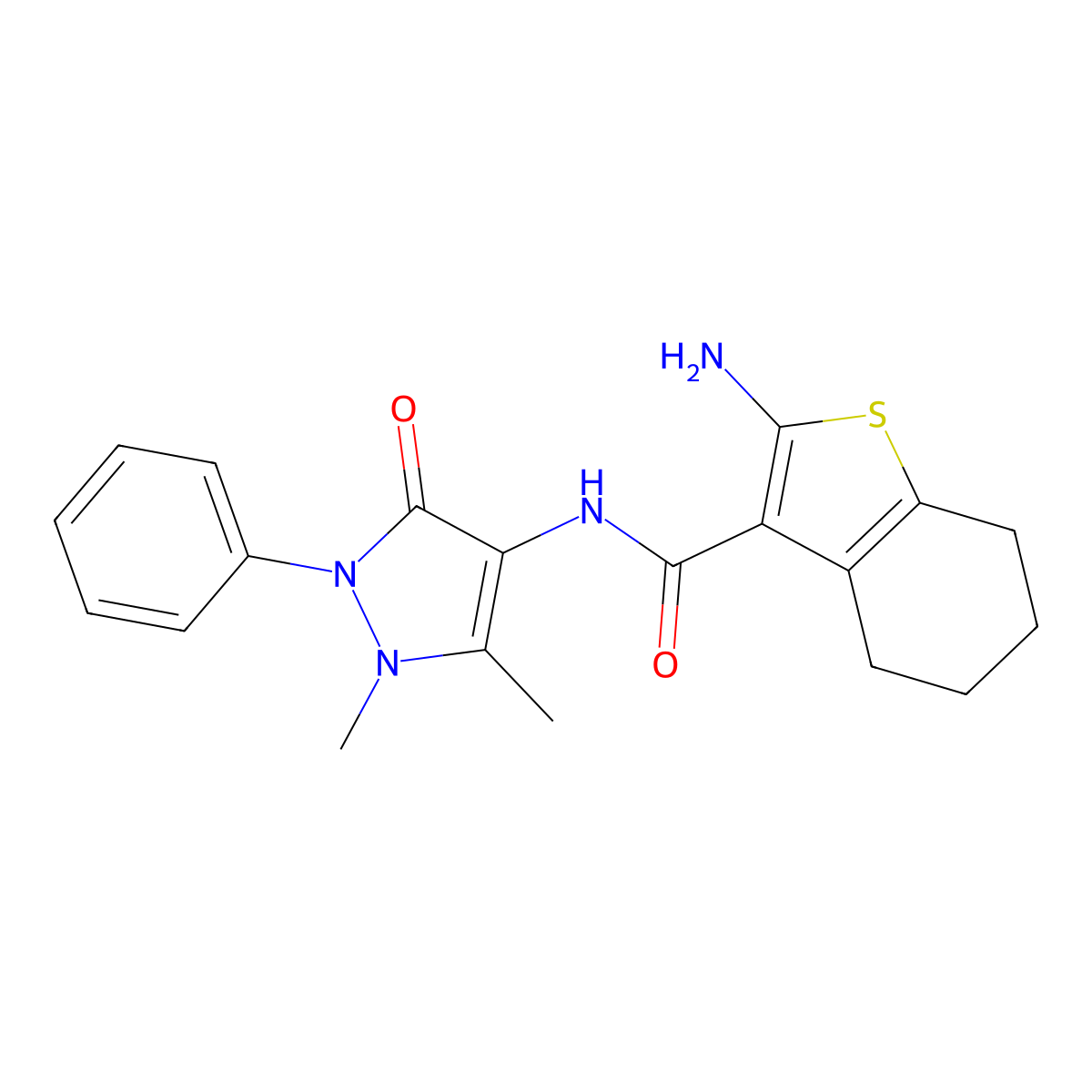 2-amino-N-(1,5-dimethyl-3-oxo-2-phenyl-2,3-dihydro-1H-pyrazol-4-yl)-4,5,6,7-tetrahydro-1-benzothiophene-3-carboxamide molecular structure, CAS 258843-88-8