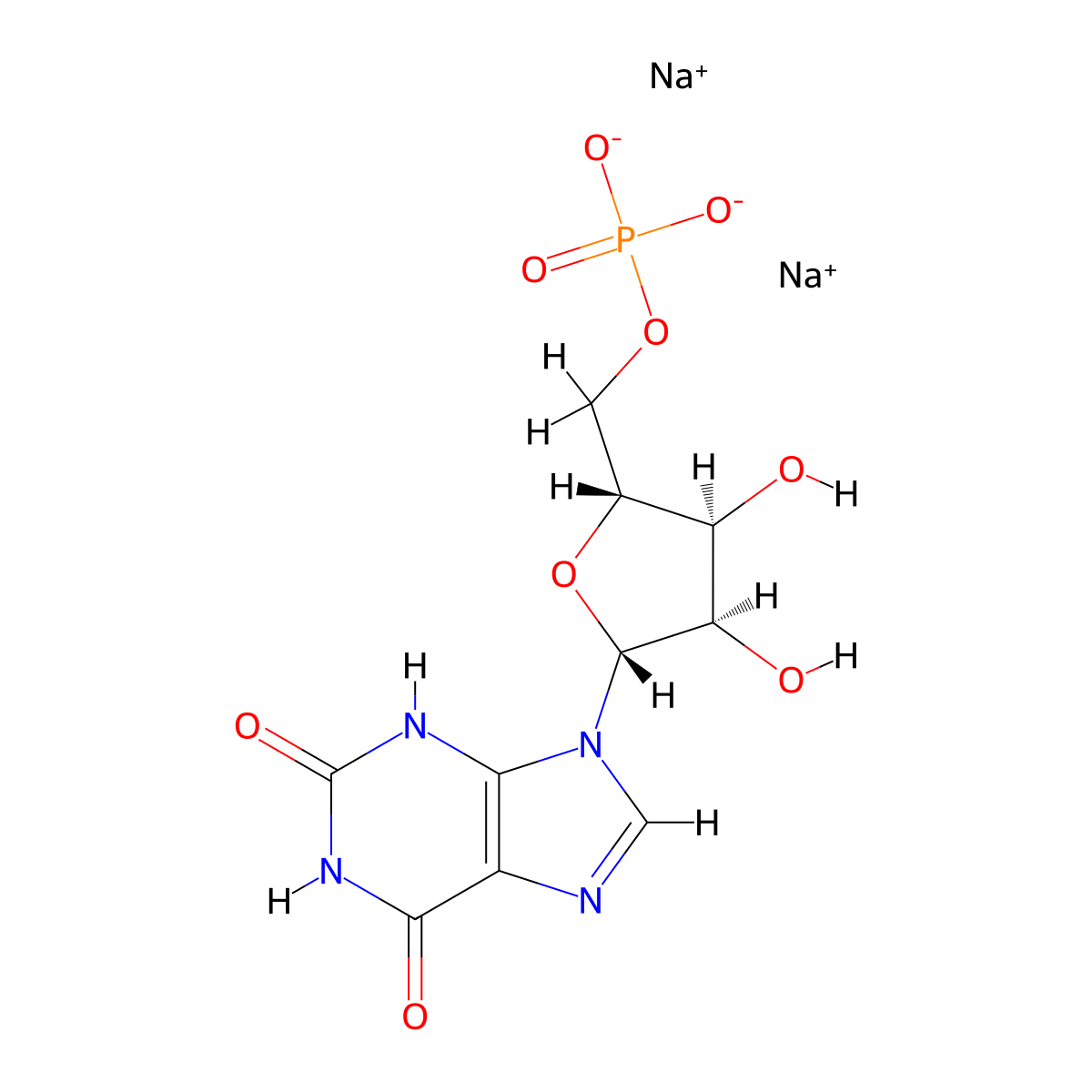 Sodium ((2R,3S,4R,5R)-5-(2,6-dihydroxy-9H-purin-9-yl)-3,4-dihydroxytetrahydrofuran-2-yl)methyl phosphate molecular structure, CAS 25899-70-1