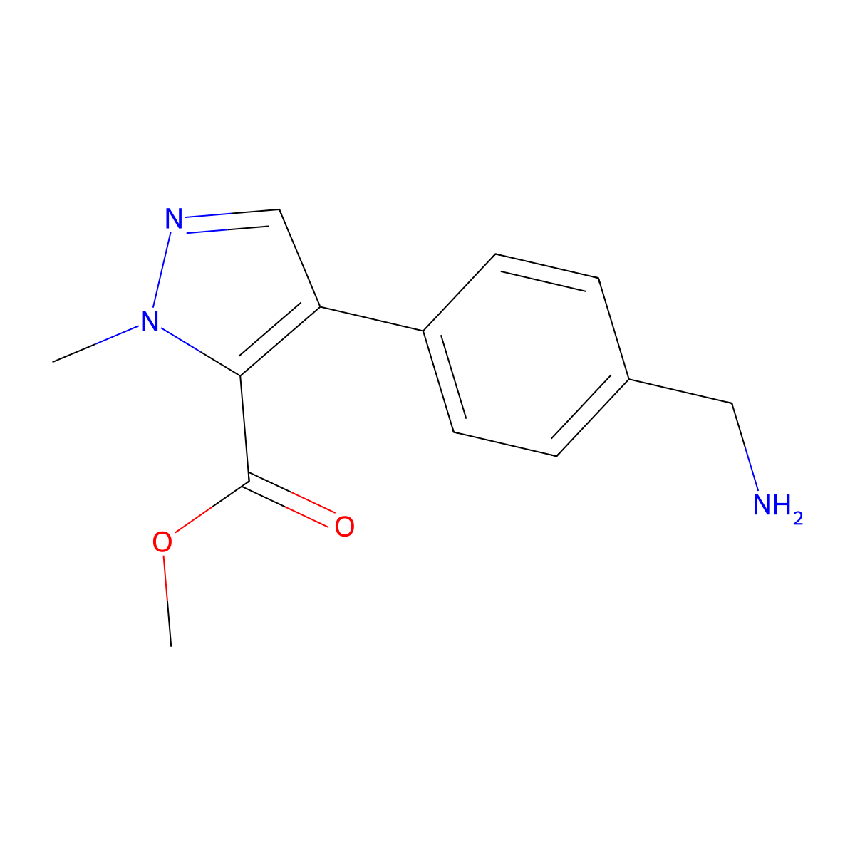 Methyl 4-[4-(aminomethyl)phenyl]-1-methyl-1H-pyrazole-5-carboxylate molecular structure, CAS 2590559-48-9