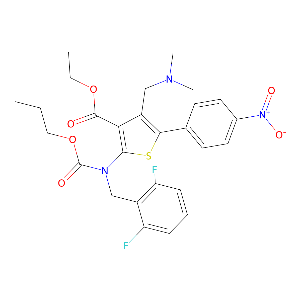 3-Thiophenecarboxylic acid, 2-[[(2,6-difluorophenyl)methyl](propoxycarbonyl)amino]-4-[(dimethylamino)methyl]-5-(4-nitrophenyl)-, ethyl ester molecular structure, CAS 2591260-08-9