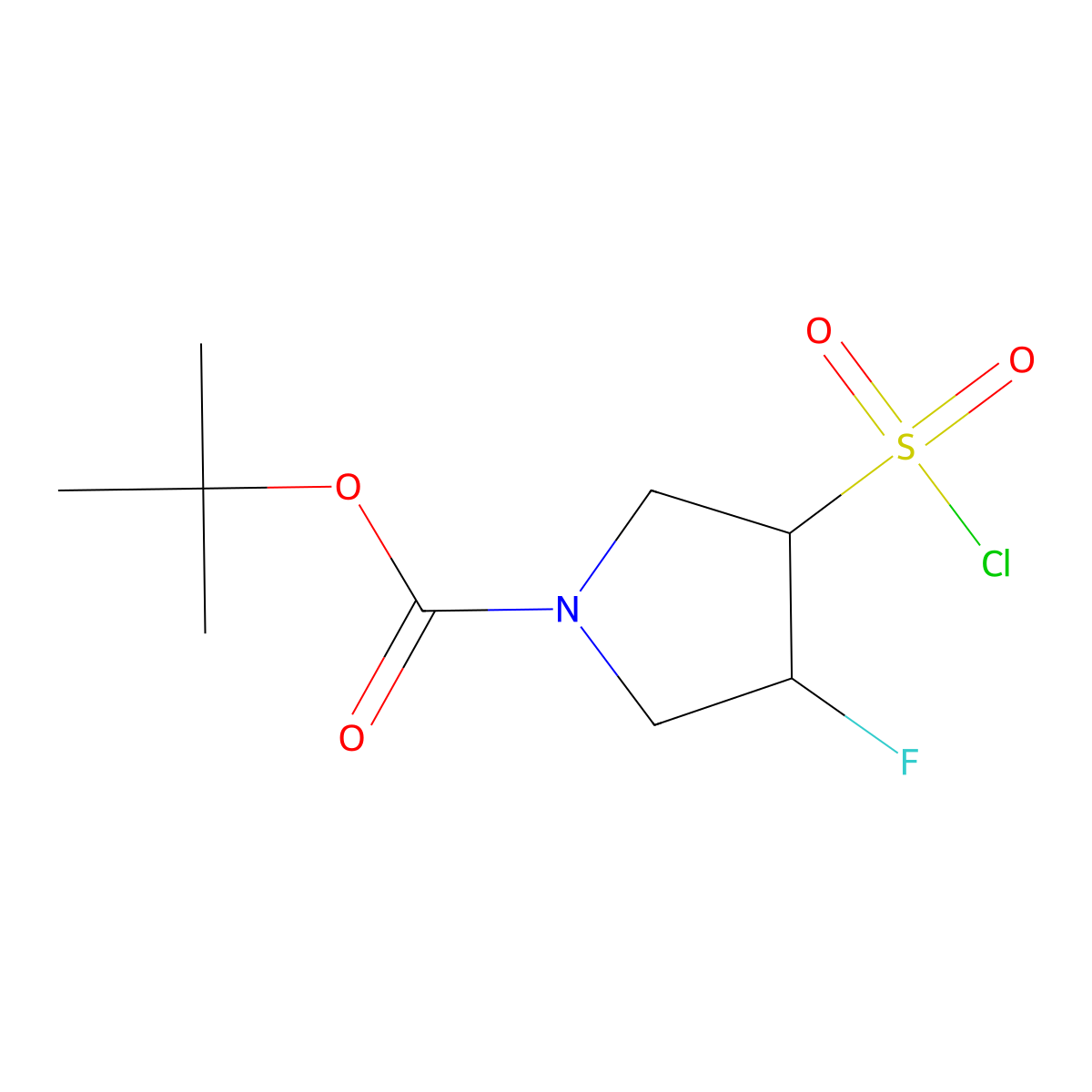 rac-tert-butyl (3R,4S)-3-(chlorosulfonyl)-4-fluoropyrrolidine-1-carboxylate molecular structure, CAS 2592399-27-2