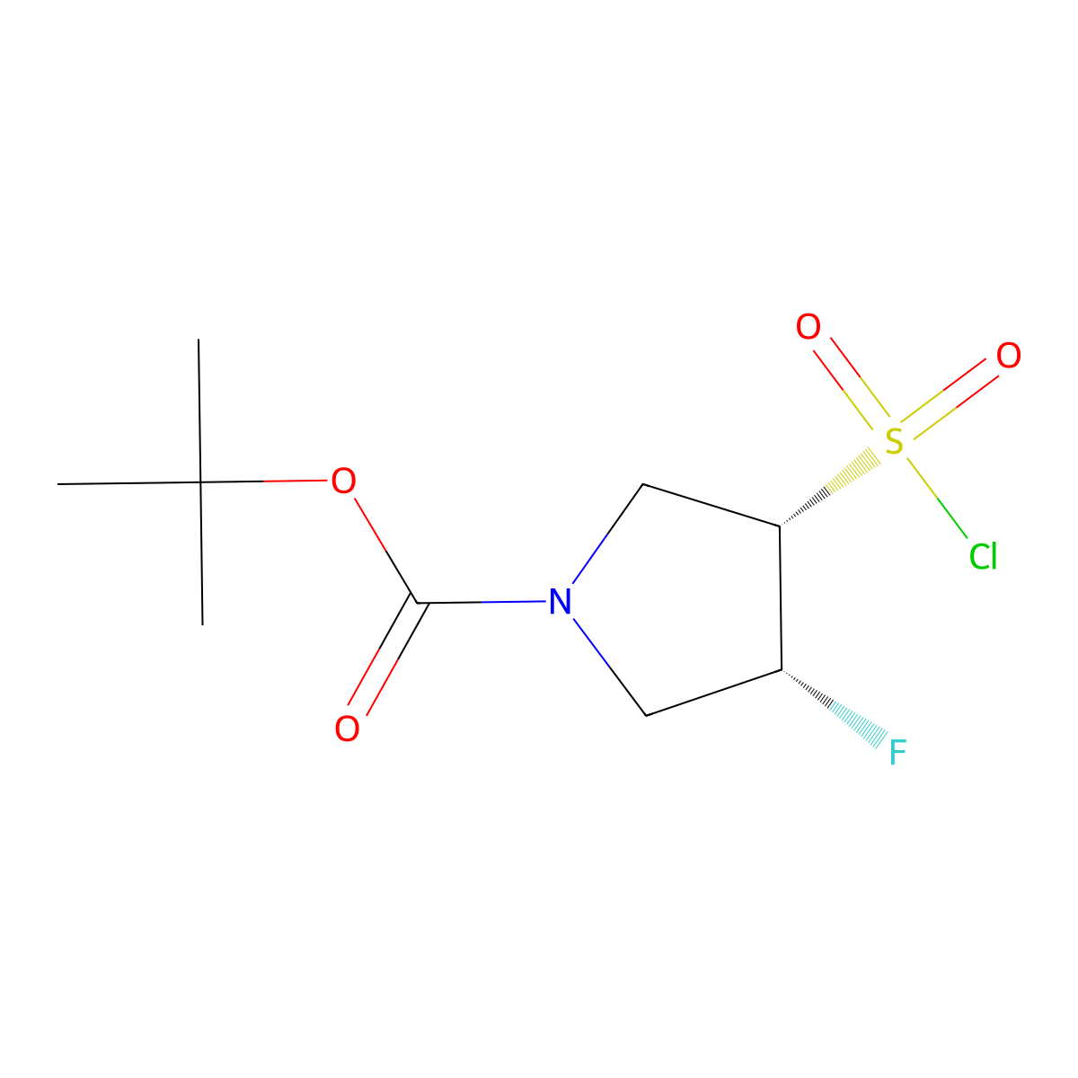 rac-tert-butyl (3R,4S)-3-(chlorosulfonyl)-4-fluoropyrrolidine-1-carboxylate molecular structure, CAS 2592399-27-2