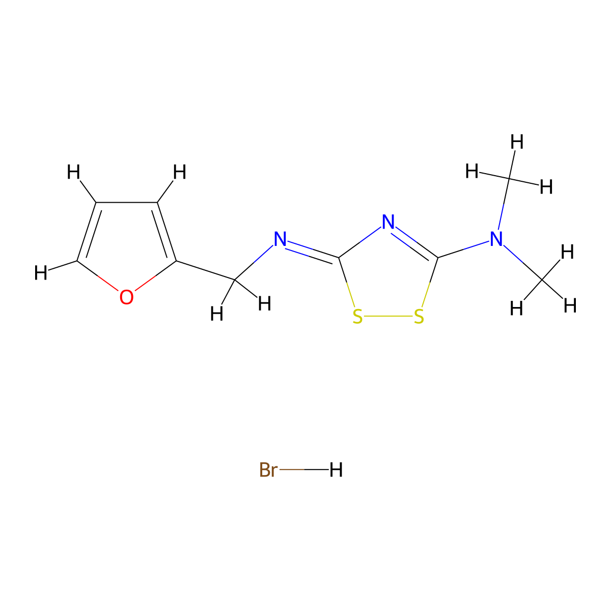 3-((Furan-2-ylmethyl)imino)-N,N-dimethyl-3H-1,2,4-dithiazol-5-amine hydrobromide molecular structure, CAS 2593254-90-9