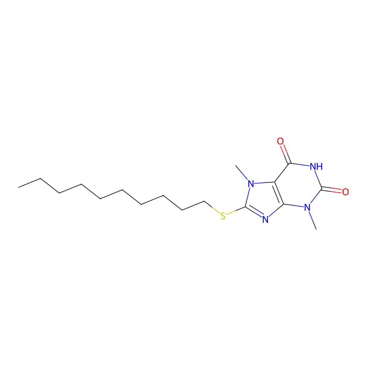 8-(decylsulfanyl)-3,7-dimethyl-3,7-dihydro-1H-purine-2,6-dione molecular structure, CAS 25934-58-1