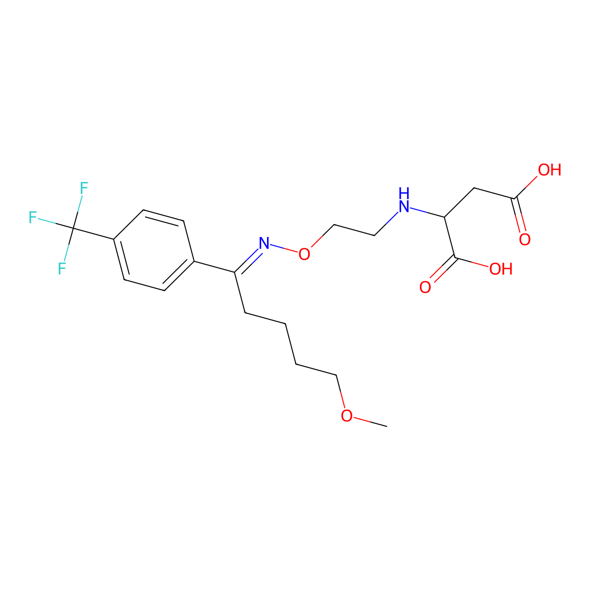 2-[2-[[5-Methoxy-1-[4-(trifluoromethyl)phenyl]pentylidene]amino]oxyethylamino]butanedioic acid molecular structure, CAS 259526-43-7