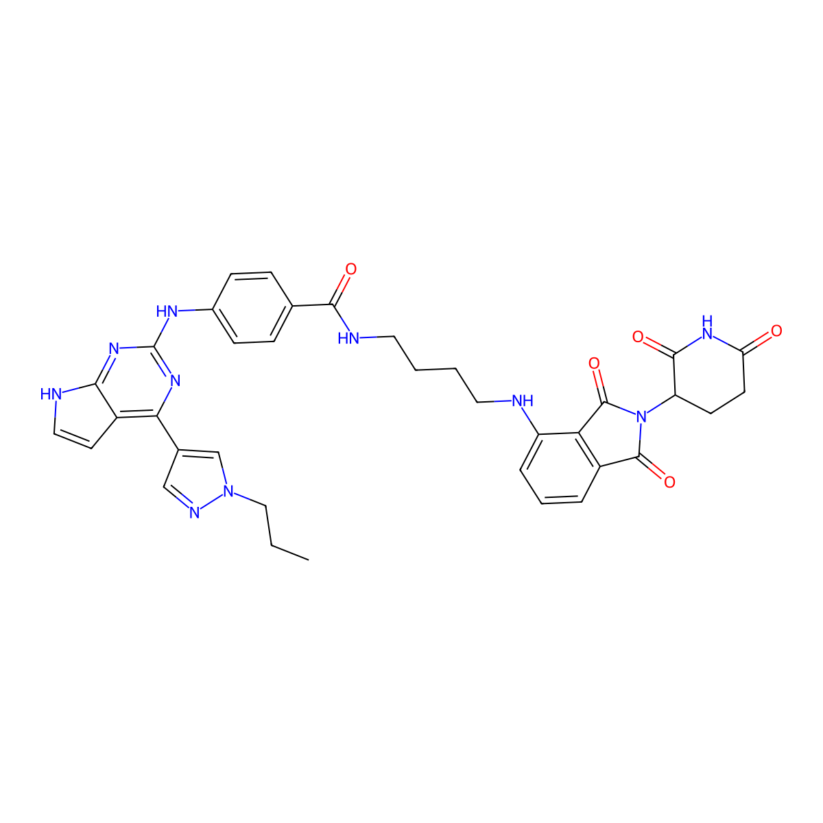 N-[4-[[2-(2,6-dioxopiperidin-3-yl)-1,3-dioxoisoindol-4-yl]amino]butyl]-4-[[4-(1-propylpyrazol-4-yl)-7H-pyrrolo[2,3-d]pyrimidin-2-yl]amino]benzamide molecular structure, CAS 2595365-41-4