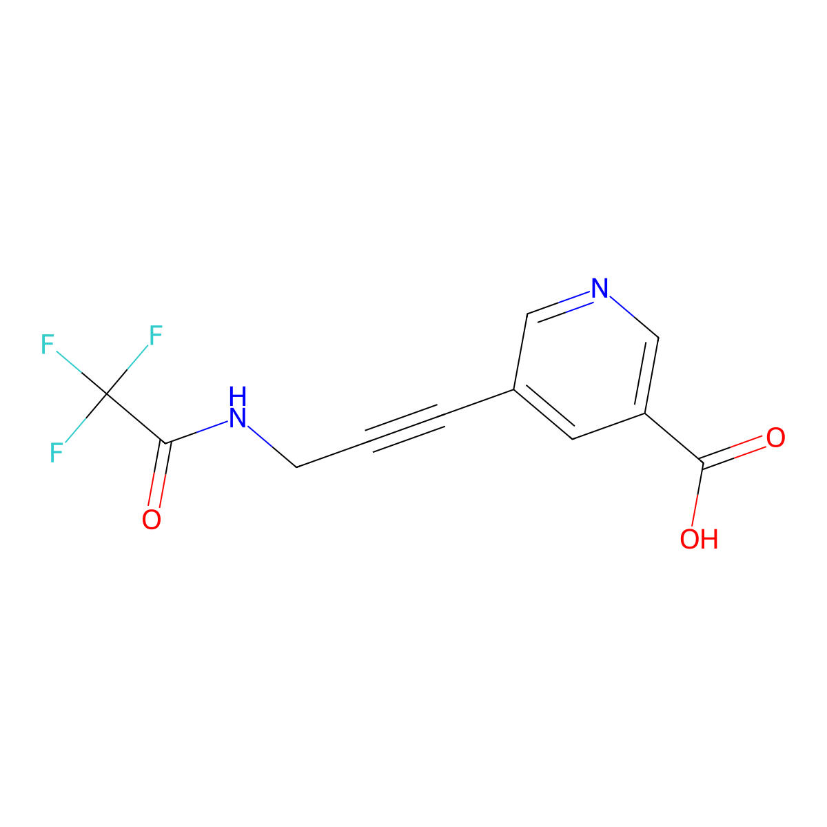 5-[3-(2,2,2-Trifluoroacetamido)prop-1-yn-1-yl]pyridine-3-carboxylic acid molecular structure, CAS 2596533-21-8