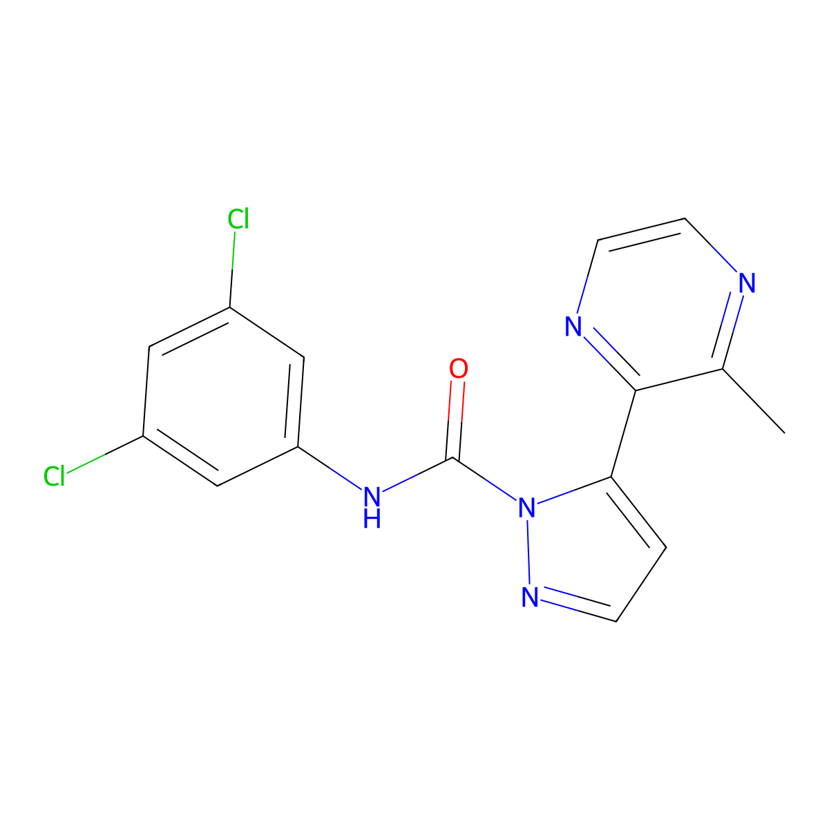 1H-Pyrazole-1-carboxamide, N-(3,5-dichlorophenyl)-5-(3-methyl-2-pyrazinyl)- molecular structure, CAS 259655-33-9
