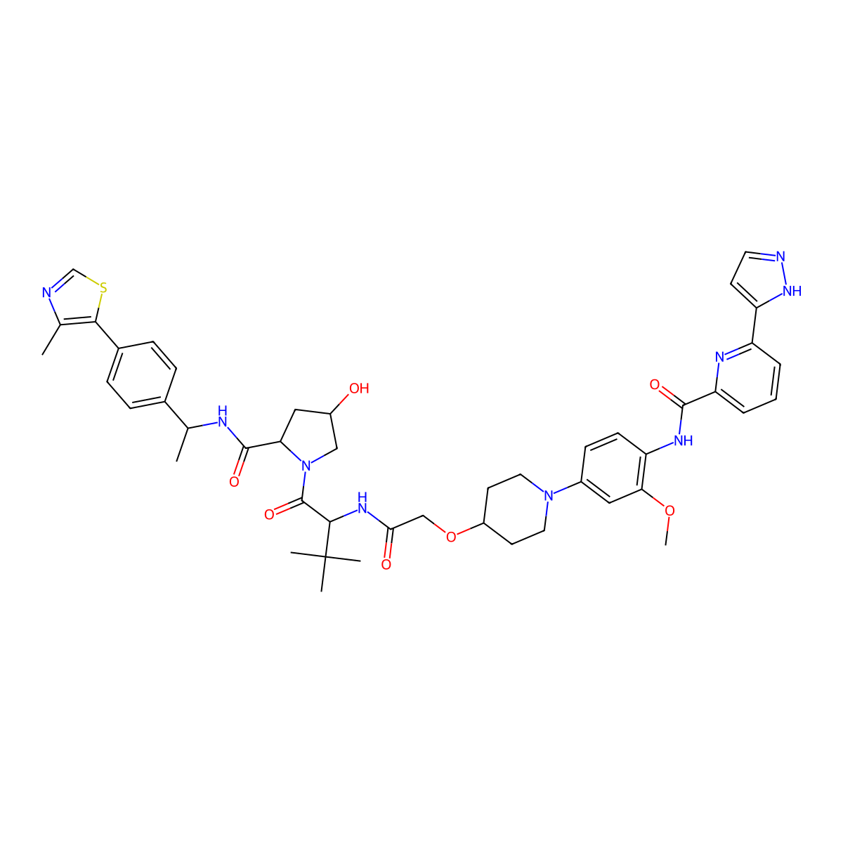 N-(4-(4-(2-(((S)-1-((2S,4R)-4-Hydroxy-2-(((S)-1-(4-(4-methylthiazol-5-yl)phenyl)ethyl)carbamoyl)pyrrolidin-1-yl)-3,3-dimethyl-1-oxobutan-2-yl)amino)-2-oxoethoxy)piperidin-1-yl)-2-methoxyphenyl)-6-(1H-pyrazol-5-yl)picolinamide molecular structure, CAS 2597343-08-1