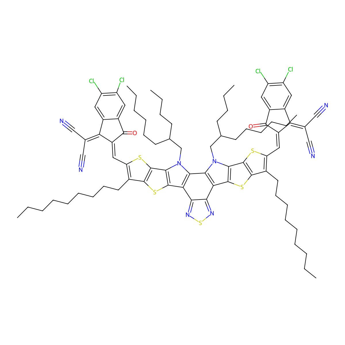 2-[2-[[3,27-Bis(2-butyloctyl)-23-[[5,6-dichloro-1-(dicyanomethylidene)-3-oxoinden-2-ylidene]methyl]-8,22-di(nonyl)-6,10,15,20,24-pentathia-3,14,16,27-tetrazaoctacyclo[16.9.0.02,12.04,11.05,9.013,17.019,26.021,25]heptacosa-1(18),2(12),4(11),5(9),7,13,16,19(26),21(25),22-decaen-7-yl]methylidene]-5,6-dichloro-3-oxoinden-1-ylidene]propanedinitrile molecular structure, CAS 2598965-39-8