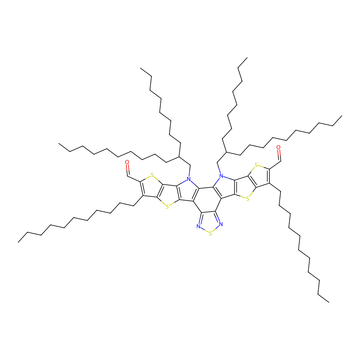 12,13-Dihydro-12,13-bis(2-octyldodecyl)-3,9-diundecyldithieno[2'',3'':4',5']thieno[2',3':4,5]pyrrolo[3,2-e:2',3'-g][2,1,3]benzothiadiazole-2,10-dicarboxaldehyde molecular structure, CAS 2599837-57-5
