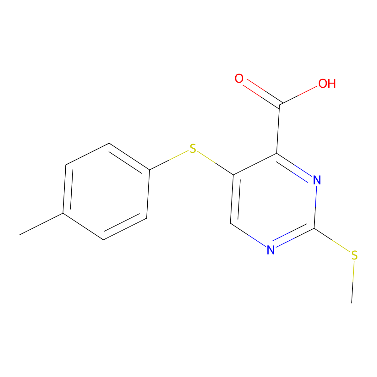 4-Pyrimidinecarboxylic acid, 5-((4-methylphenyl)thio)-2-(methylthio)- molecular structure, CAS 26032-74-6