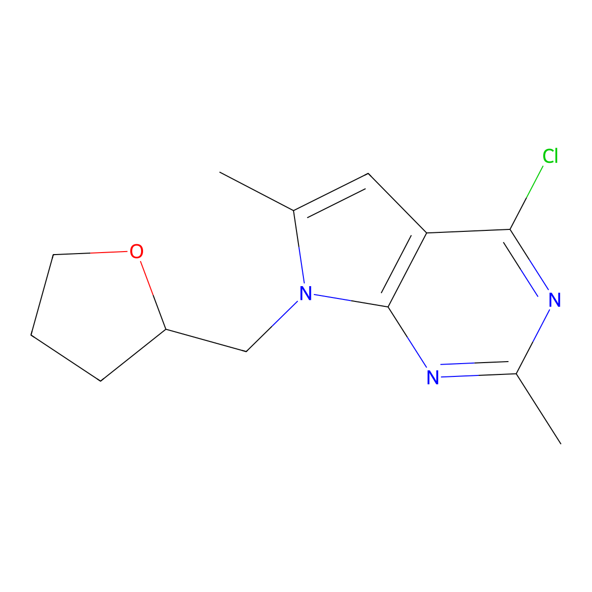 4-Chloro-2,6-dimethyl-7-((tetrahydrofuran-2-yl)methyl)-7H-pyrrolo[2,3-d]pyrimidine molecular structure, CAS 26035-91-6