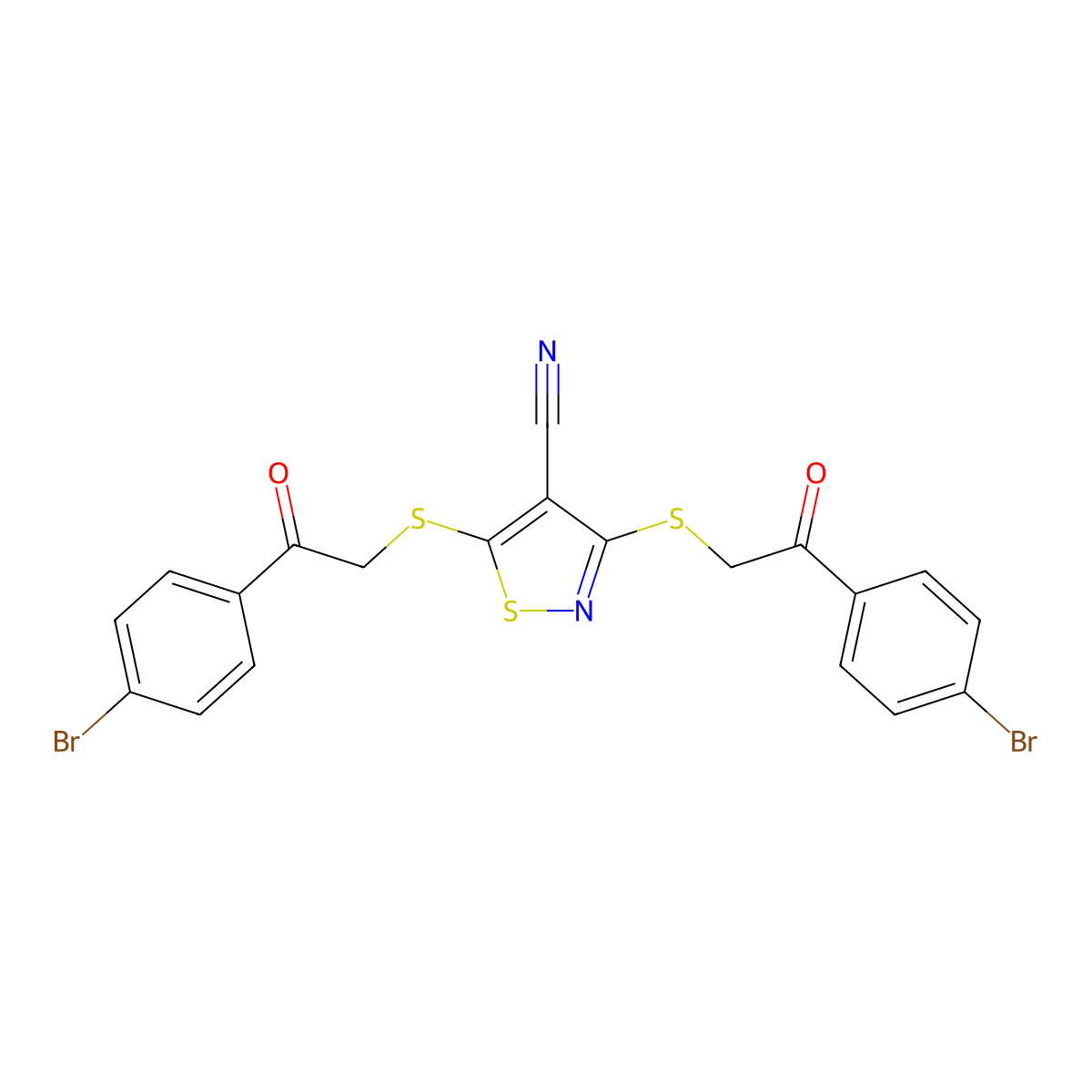 3,5-Bis((2-(4-bromophenyl)-2-oxoethyl)thio)-4-isothiazolecarbonitrile molecular structure, CAS 260409-96-9