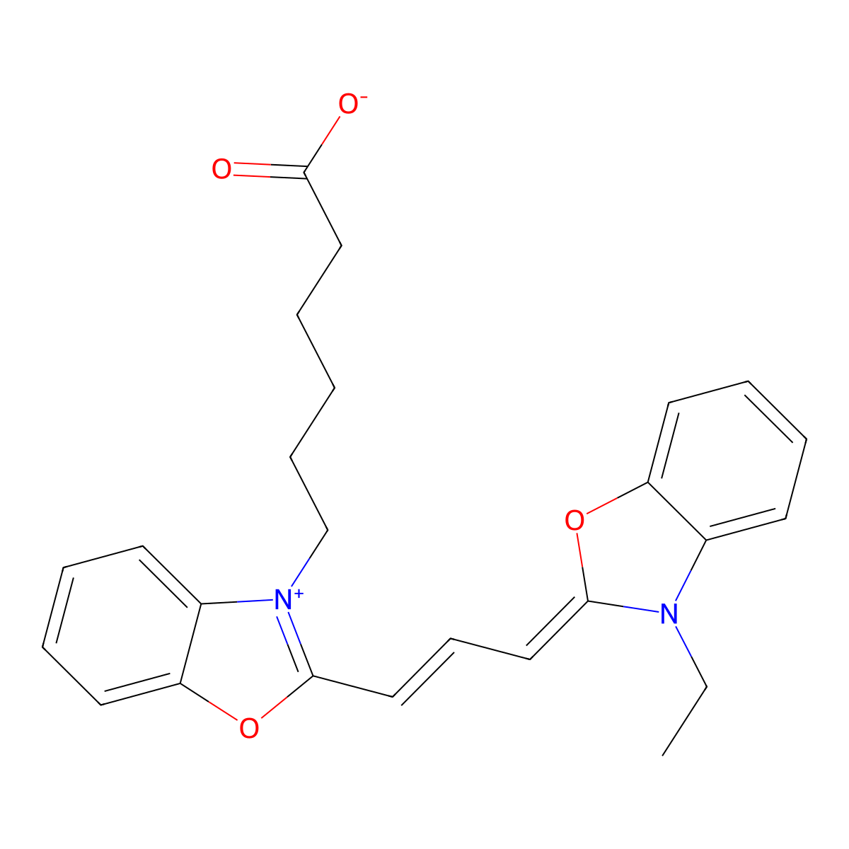 6-[2-[(E,3E)-3-(3-ethyl-1,3-benzoxazol-2-ylidene)prop-1-enyl]-1,3-benzoxazol-3-ium-3-yl]hexanoate molecular structure, CAS 260430-02-2
