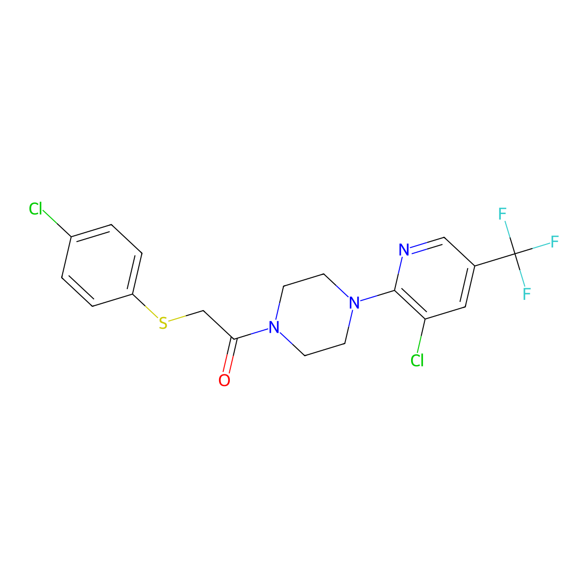 2-[(4-Chlorophenyl)sulfanyl]-1-{4-[3-chloro-5-(trifluoromethyl)-2-pyridinyl]piperazino}-1-ethanone molecular structure, CAS 260442-99-7