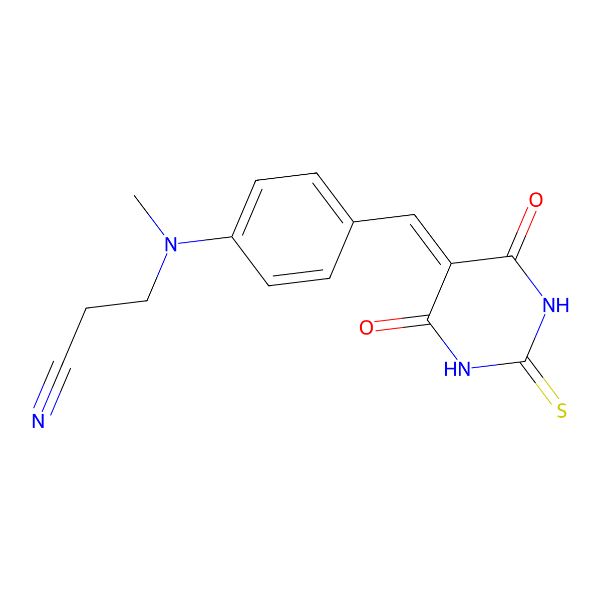 3-((4-((4,6-dioxo-2-thioxotetrahydropyrimidin-5(2H)-ylidene)methyl)phenyl)(methyl)amino)propanenitrile molecular structure, CAS 260446-88-6