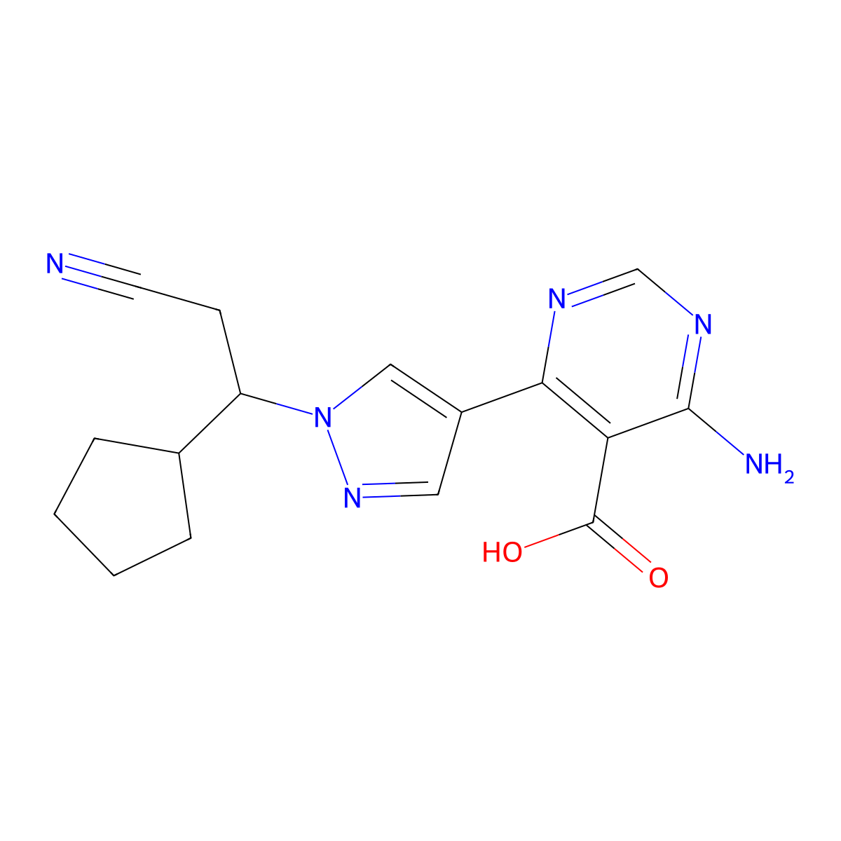 (R)-4-Amino-6-(1-(2-cyano-1-cyclopentylethyl)-1H-pyrazol-4-yl)pyrimidine-5-carboxylic Acid molecular structure, CAS 2606144-44-7