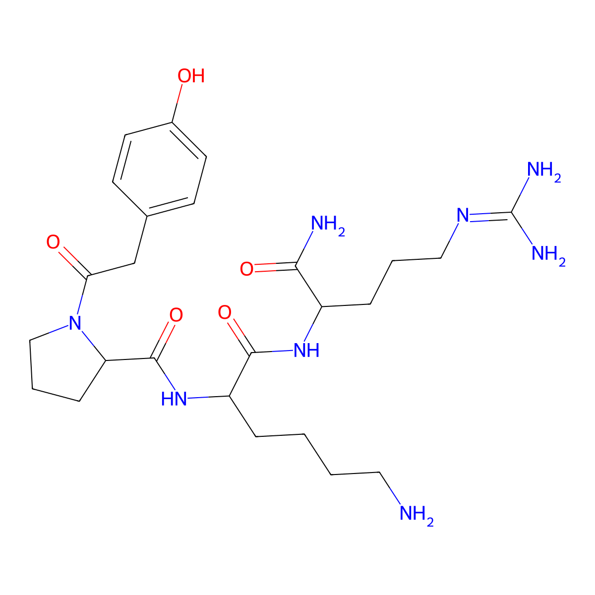 (2S)-N-[(2S)-6-amino-1-[[(2S)-1-amino-5-(diaminomethylideneamino)-1-oxopentan-2-yl]amino]-1-oxohexan-2-yl]-1-[2-(4-hydroxyphenyl)acetyl]pyrrolidine-2-carboxamide molecular structure, CAS 2606862-05-7