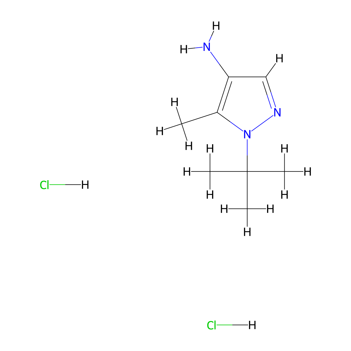 1-tert-Butyl-5-methyl-1H-pyrazol-4-amine diHCl molecular structure, CAS 2606872-11-9