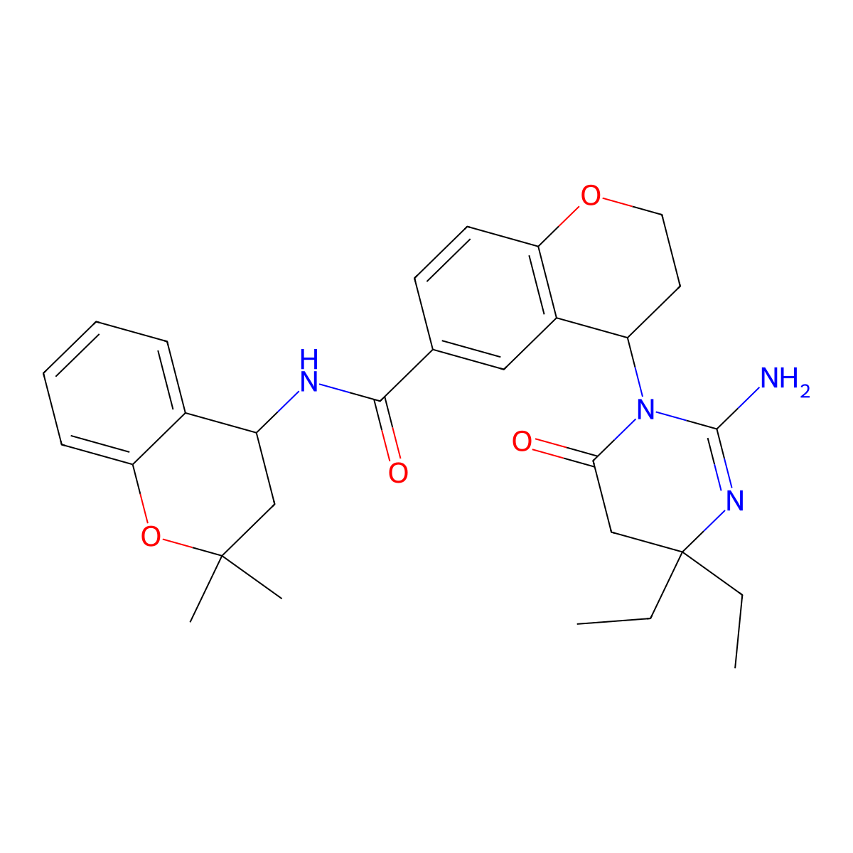 (4R)-4-[(2E)-4,4-diethyl-2-imino-6-oxo-1,3-diazinan-1-yl]-N-[(4S)-2,2-dimethyl-3,4-dihydro-2H-1-benzopyran-4-yl]-3,4-dihydro-2H-1-benzopyran-6-carboxamide molecular structure, CAS 2606990-92-3