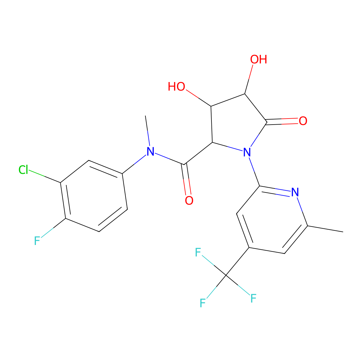 (2S,3S,4S)-N-(3-Chloro-4-fluorophenyl)-3,4-dihydroxy-N-methyl-1-(6-methyl-4-(trifluoromethyl)pyridin-2-yl)-5-oxopyrrolidine-2-carboxamide molecular structure, CAS 2607138-82-7