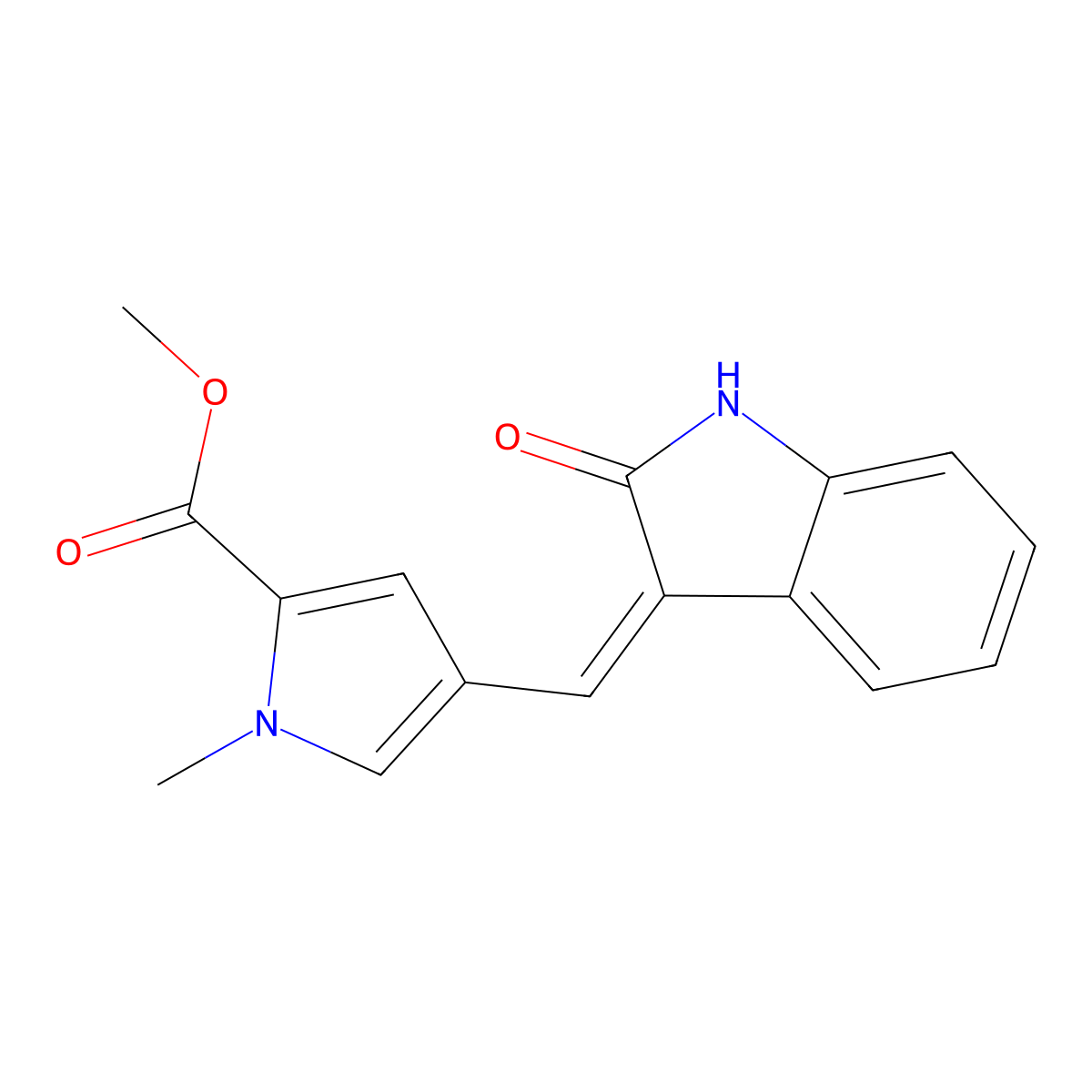 methyl 1-methyl-4-[(2-oxo-1,2-dihydro-3H-indol-3-yliden)methyl]-1H-pyrrole-2-carboxylate molecular structure, CAS 260781-65-5