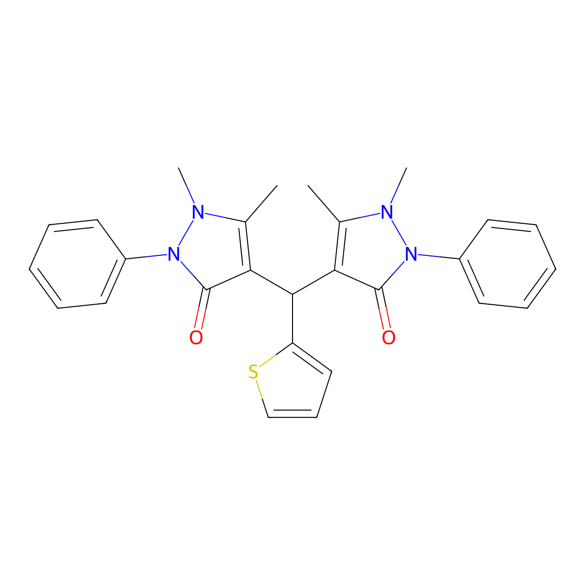 4,4'-(Thiophen-2-ylmethylene)bis(1,5-dimethyl-2-phenyl-1H-pyrazol-3(2H)-one) molecular structure, CAS 2608-62-0