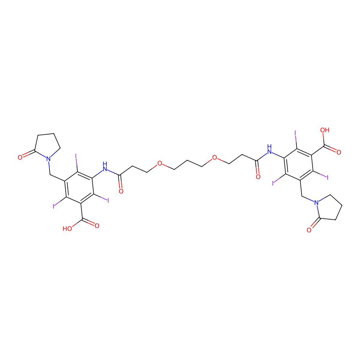 Benzoic acid, 3,3'-(trimethylenebis(oxyethylenecarbonylimino))bis(5-((2-oxo-1-pyrrolidinyl)methyl)-2,4,6-triiodo- molecular structure, CAS 26090-57-3