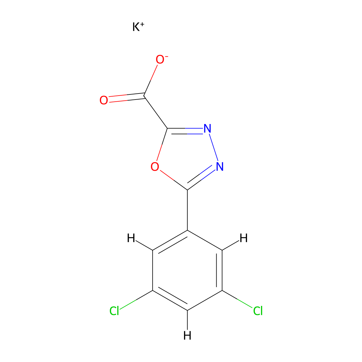Potassium 5-(3,5-dichlorophenyl)-1,3,4-oxadiazole-2-carboxylate molecular structure, CAS 2609019-15-8