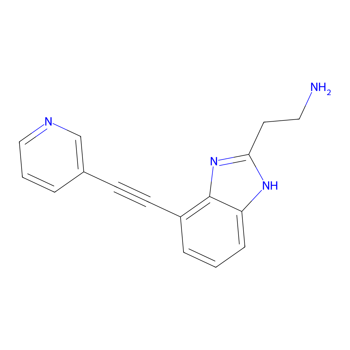 2-{4-[2-(pyridin-3-yl)ethynyl]-1H-1,3-benzodiazol-2-yl}ethan-1-amine molecular structure, CAS 2611455-73-1