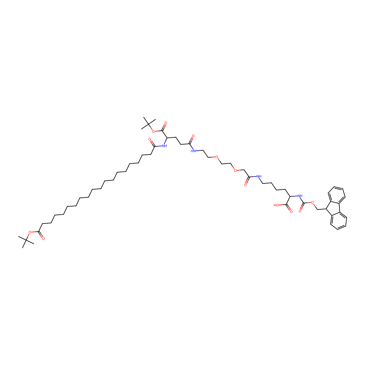 (25S,43S)-43-((((9H-Fluoren-9-yl)methoxy)carbonyl)amino)-25-(tert-butoxycarbonyl)-2,2-dimethyl-4,23,28,37-tetraoxo-3,32,35-trioxa-24,29,38-triazatetratetracontan-44-oic acid molecular structure, CAS 2612237-97-3