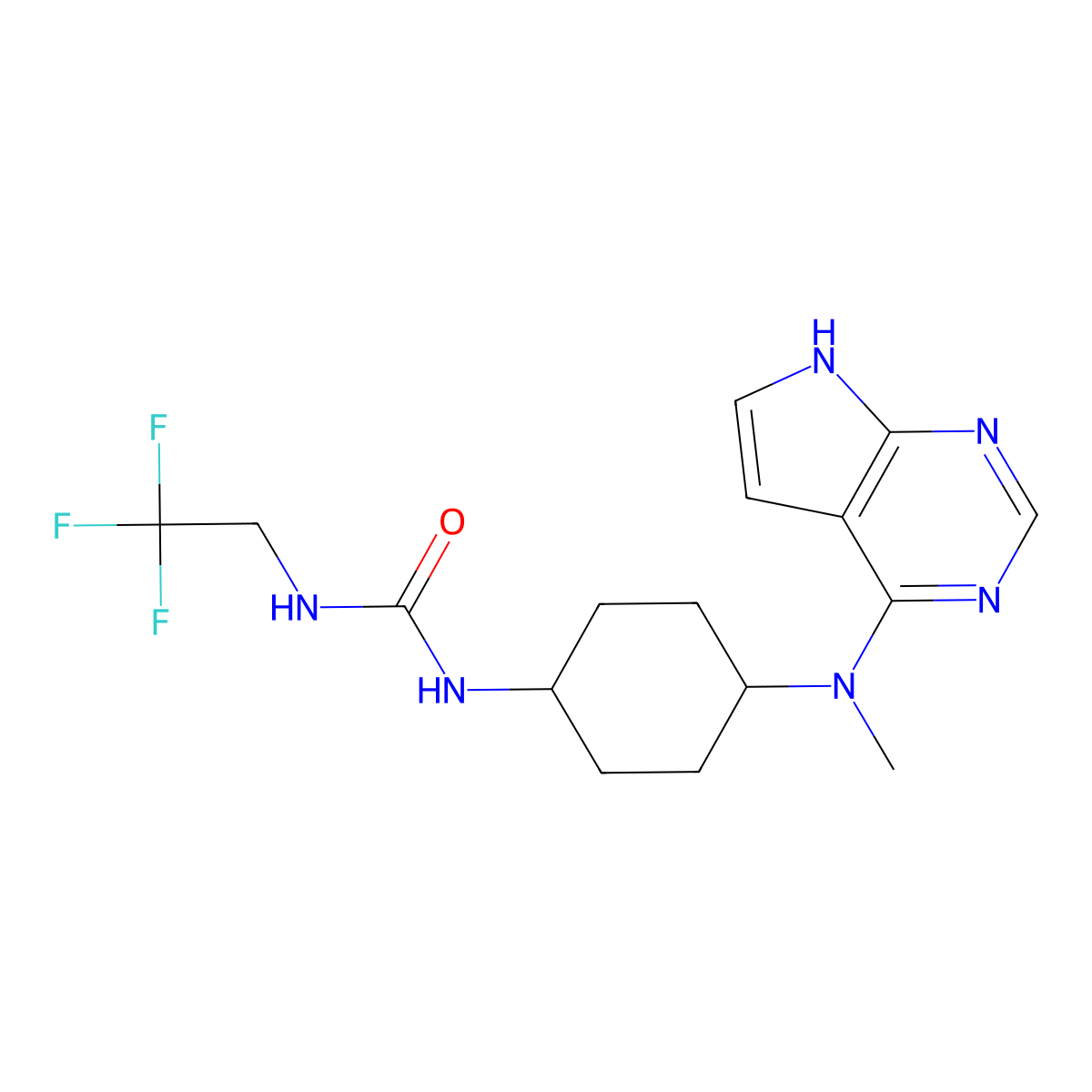 1-(4-(methyl(7H-pyrrolo[2,3-d]pyrimidin-4-yl)amino)cyclohexyl)-3-(2,2,2-trifluoroethyl)urea molecular structure, CAS 2612339-53-2