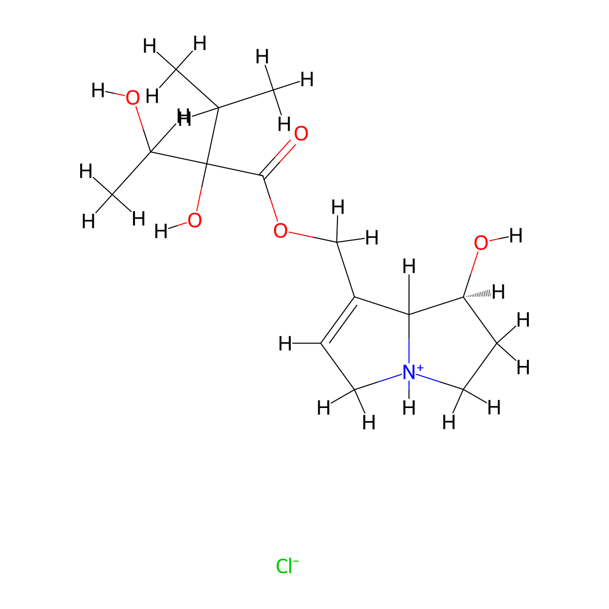 (1-Hydroxy-2,3,5,7a-tetrahydro-1H-pyrrolizin-7-yl)methyl 2-hydroxy-2-(1-hydroxyethyl)-3-methylbutanoate--hydrogen chloride (1/1) molecular structure, CAS 26131-12-4
