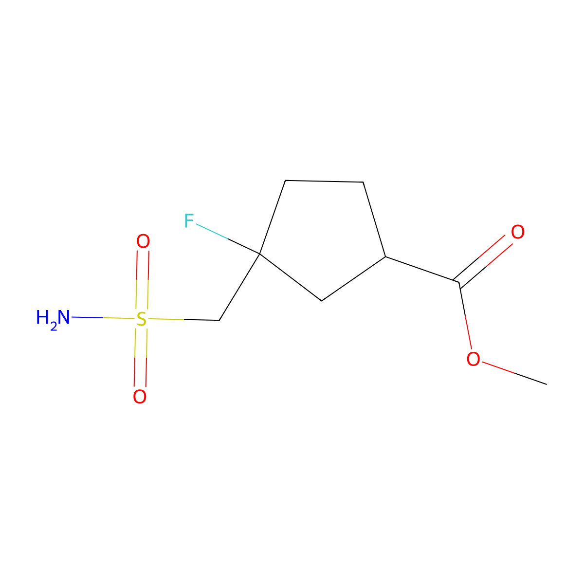 rac-methyl (1R,3S)-3-fluoro-3-(sulfamoylmethyl)cyclopentane-1-carboxylate molecular structure, CAS 2613298-91-0
