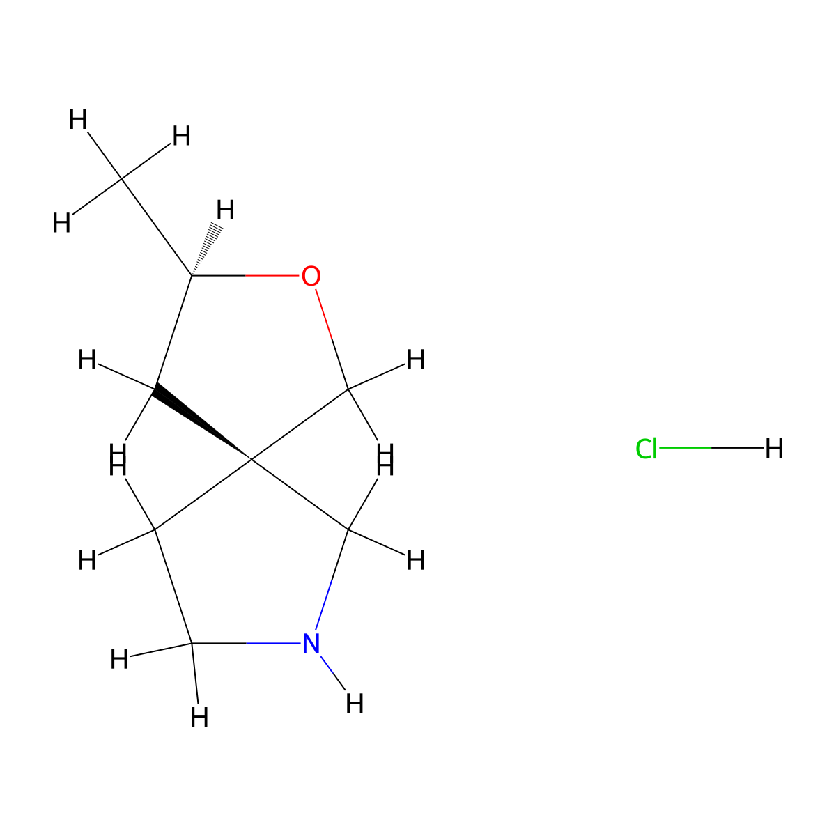rac-(3R,5R)-3-methyl-2-oxa-7-azaspiro[4.4]nonane hydrochloride, cis molecular structure, CAS 2613299-58-2