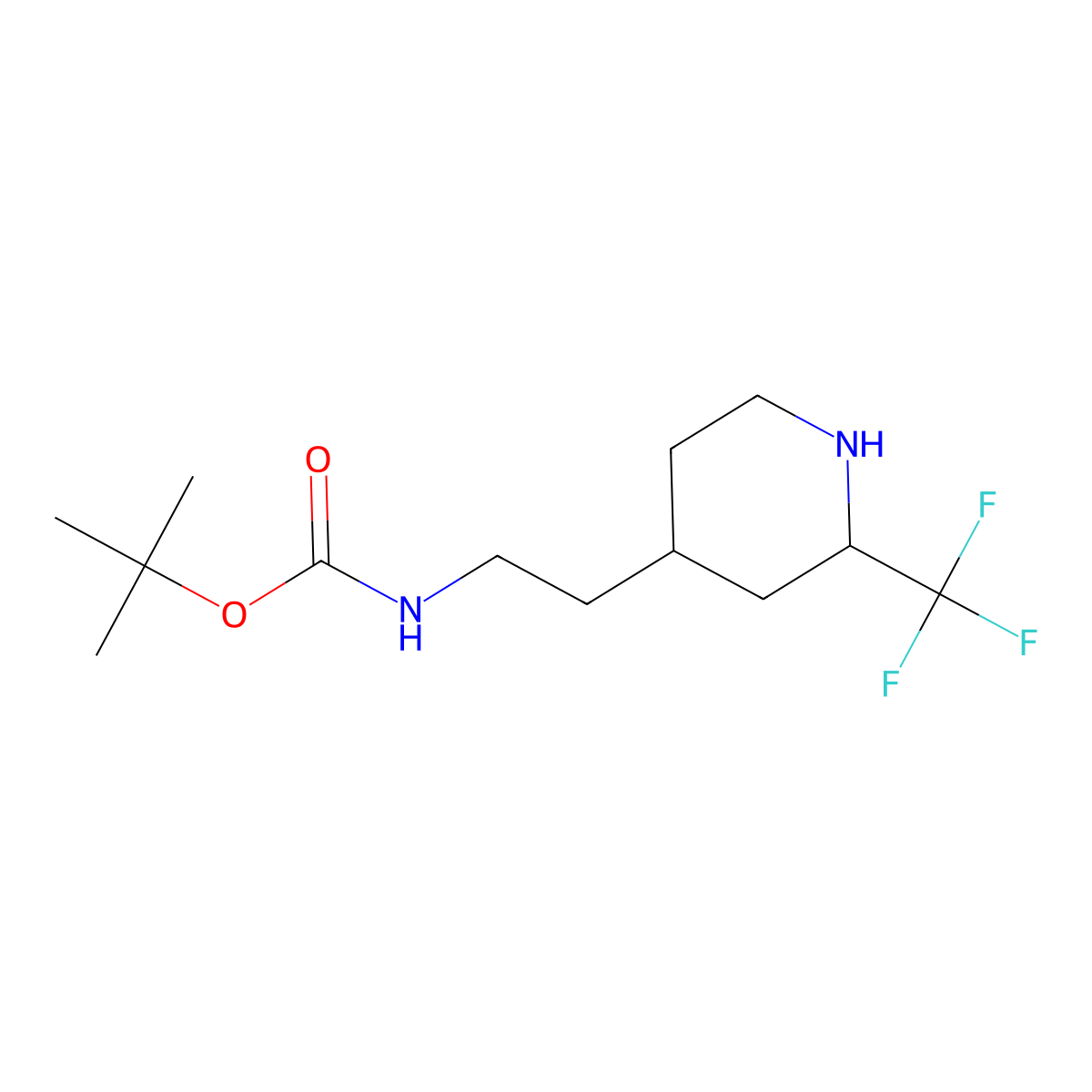 rac-tert-butyl N-{2-[(2R,4R)-2-(trifluoromethyl)piperidin-4-yl]ethyl}carbamate, cis molecular structure, CAS 2613299-83-3