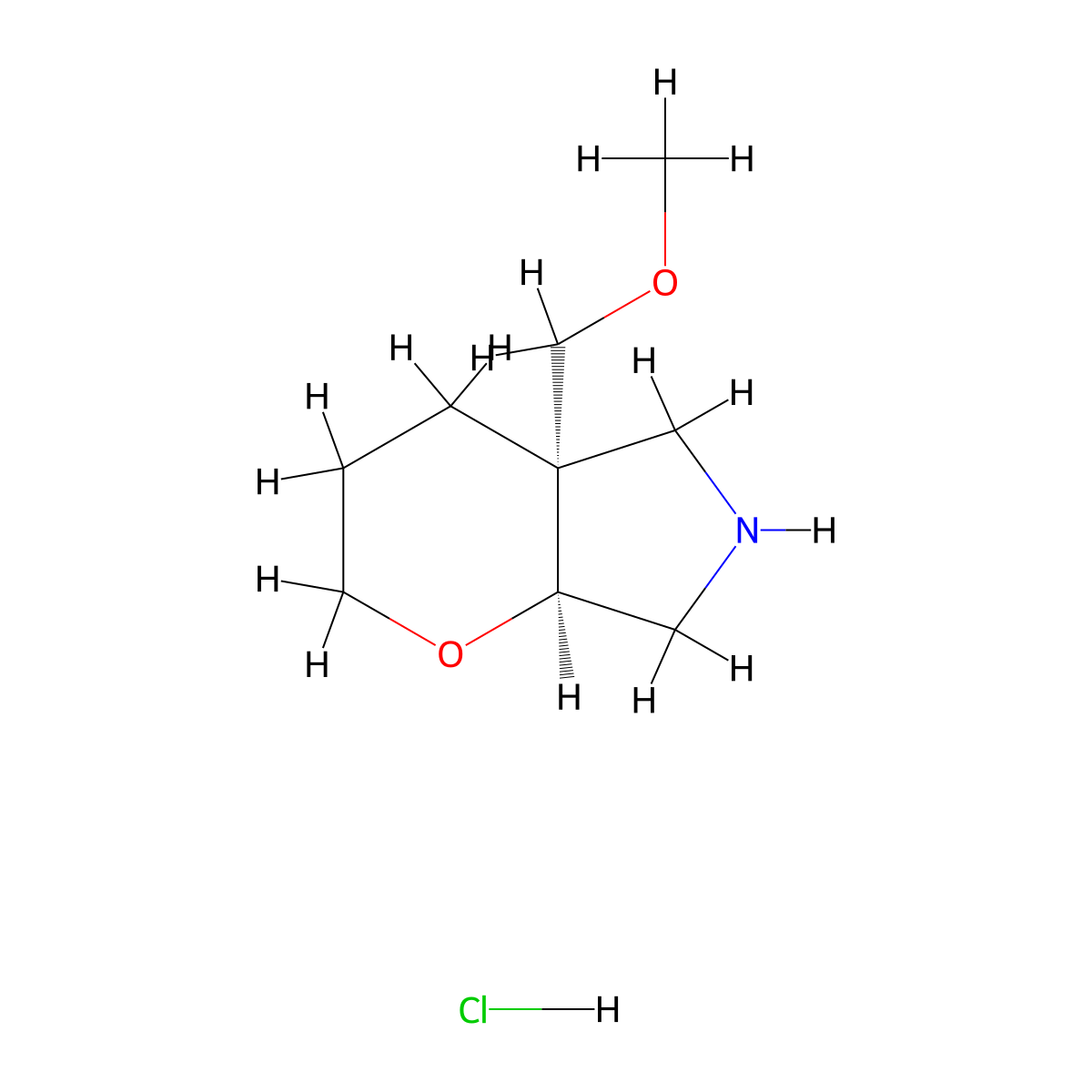 rac-(4aR,7aR)-4a-(methoxymethyl)-octahydropyrano[2,3-c]pyrrole hydrochloride, cis molecular structure, CAS 2613300-22-2