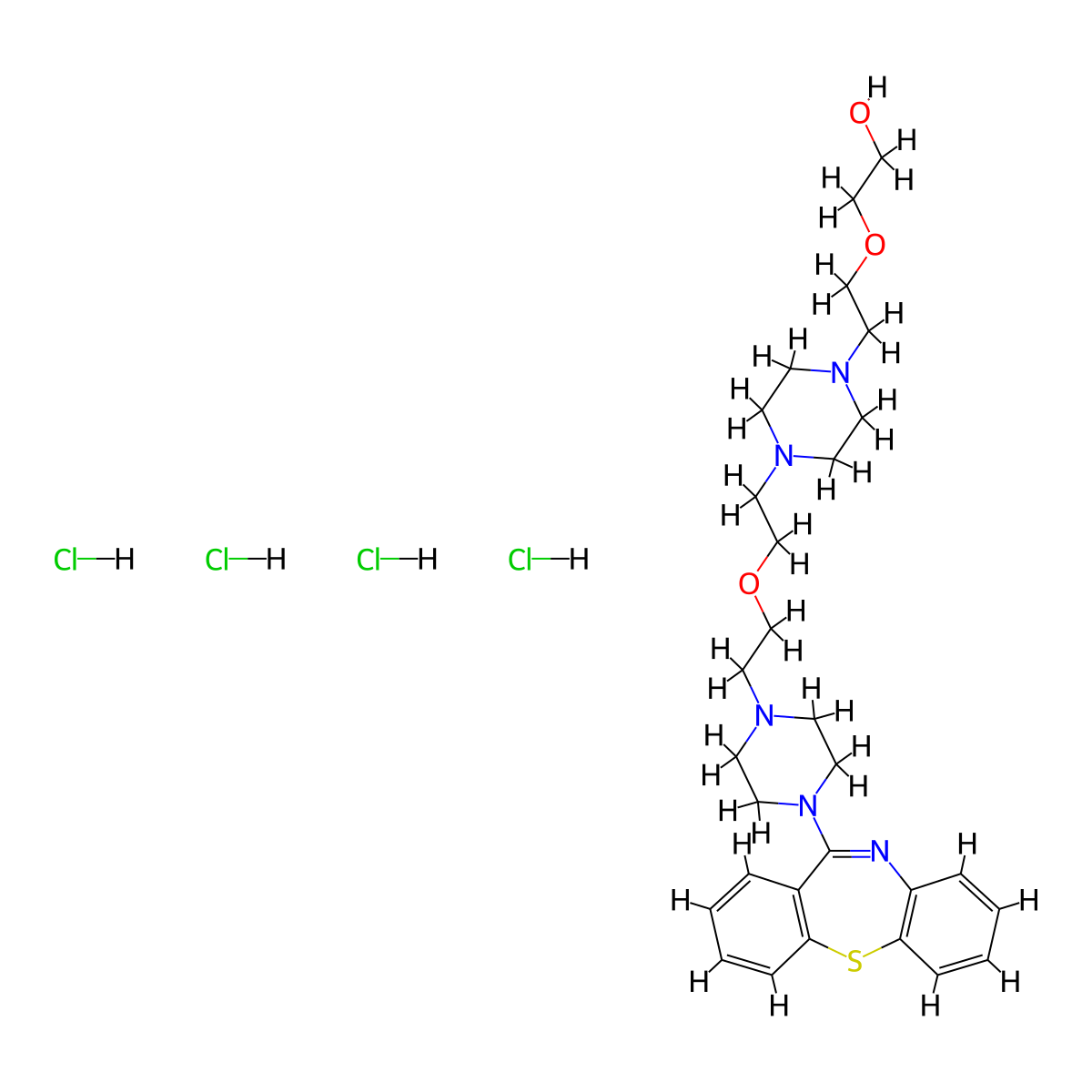 2-[2-(4-{2-[2-(4-{2-Thia-9-azatricyclo[9.4.0.0,3,8]pentadeca-1(15),3,5,7,9,11,13-heptaen-10-yl}piperazin-1-yl)ethoxy]ethyl}piperazin-1-yl)ethoxy]ethan-1-ol tetrahydrochloride molecular structure, CAS 2613382-46-8