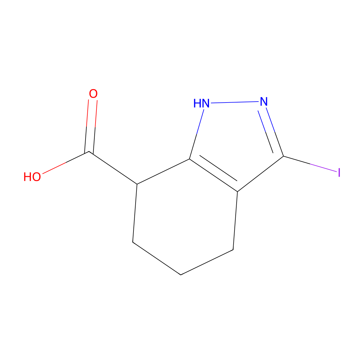 3-iodo-4,5,6,7-tetrahydro-1H-indazole-7-carboxylic acid molecular structure, CAS 2613382-98-0